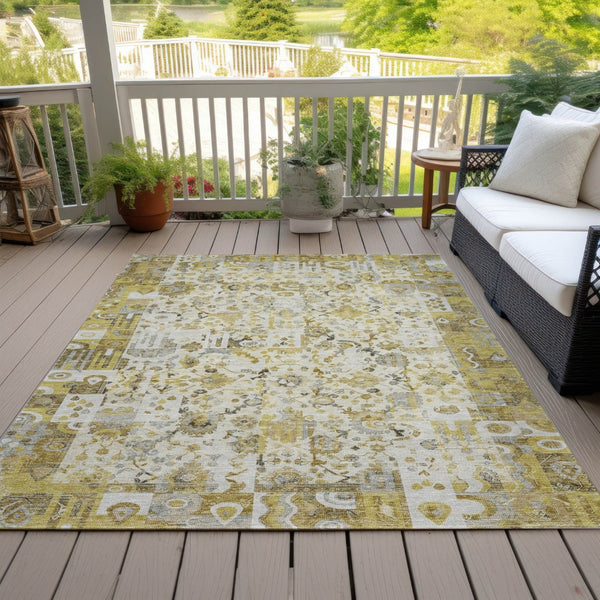 HomeRoots 5' Elegant Gold and Ivory Patchwork Washable Area Rug for Indoor and Outdoor Spaces, Easy Care 10' X 14' 631430