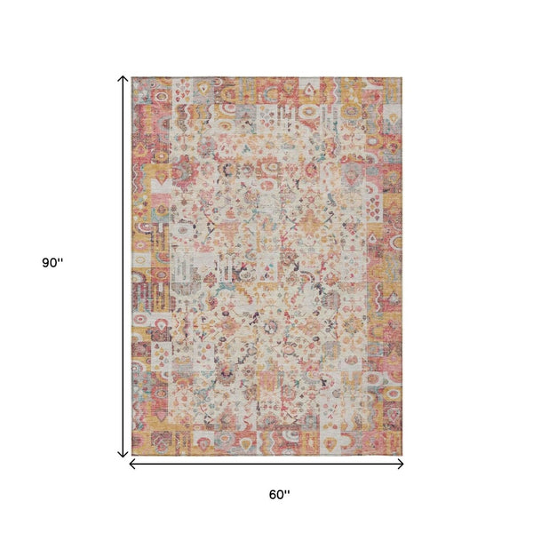 HomeRoots 5' Pink and Ivory Patchwork Area Rug - Stylish, Durable, Washable Design for Indoor & Outdoor Use 5' X 8' 631432