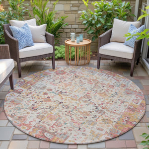 HomeRoots 5' Pink and Ivory Patchwork Area Rug - Stylish, Durable, Washable Design for Indoor & Outdoor Use 8' Round 631433