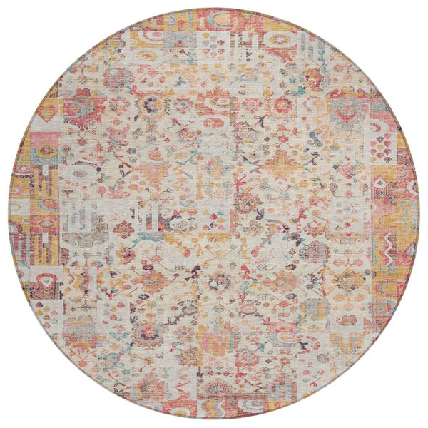 HomeRoots 5' Pink and Ivory Patchwork Area Rug - Stylish, Durable, Washable Design for Indoor & Outdoor Use 8' Round 631433