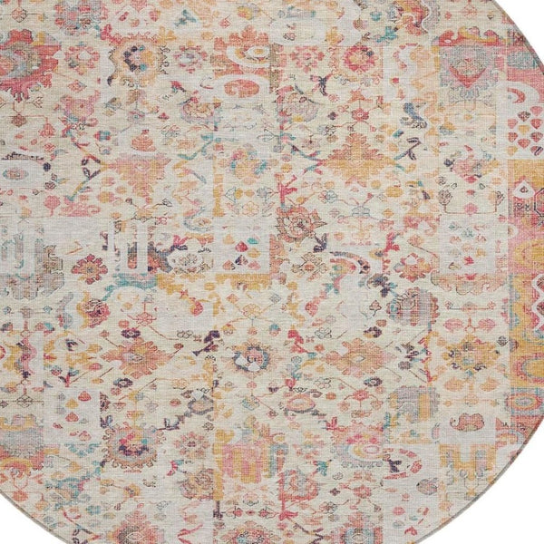 HomeRoots 5' Pink and Ivory Patchwork Area Rug - Stylish, Durable, Washable Design for Indoor & Outdoor Use 8' Round 631433