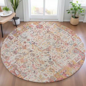 HomeRoots 5' Pink and Ivory Patchwork Area Rug - Stylish, Durable, Washable Design for Indoor & Outdoor Use 8' Round 631433