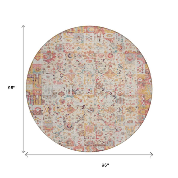 HomeRoots 5' Pink and Ivory Patchwork Area Rug - Stylish, Durable, Washable Design for Indoor & Outdoor Use 8' Round 631433