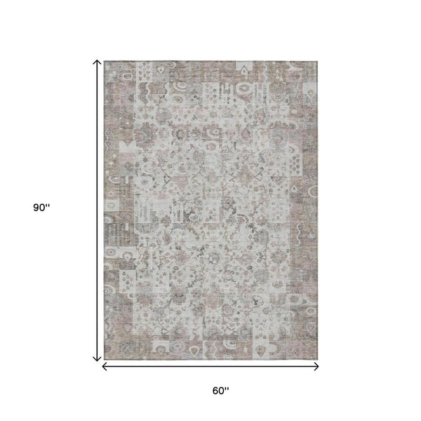 HomeRoots 5' Versatile Taupe and Ivory Patchwork Area Rug - Durable, Washable, Perfect for Indoor/Outdoor Spaces 5' X 8' 631438