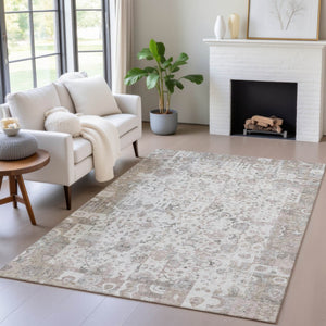 HomeRoots 5' Versatile Taupe and Ivory Patchwork Area Rug - Durable, Washable, Perfect for Indoor/Outdoor Spaces 5' X 8' 631438