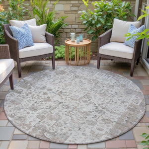 HomeRoots 5' Versatile Taupe and Ivory Patchwork Area Rug - Durable, Washable, Perfect for Indoor/Outdoor Spaces 8' Round 631439