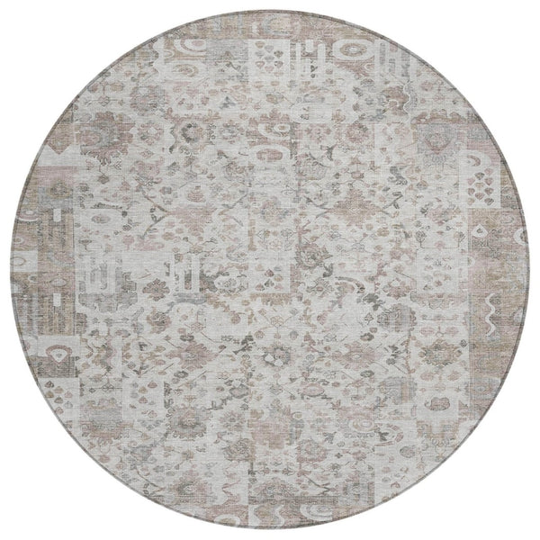 HomeRoots 5' Versatile Taupe and Ivory Patchwork Area Rug - Durable, Washable, Perfect for Indoor/Outdoor Spaces 8' Round 631439
