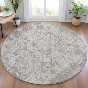 HomeRoots 5' Versatile Taupe and Ivory Patchwork Area Rug - Durable, Washable, Perfect for Indoor/Outdoor Spaces 8' Round 631439