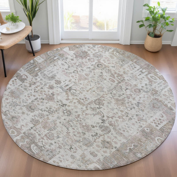 HomeRoots 5' Versatile Taupe and Ivory Patchwork Area Rug - Durable, Washable, Perfect for Indoor/Outdoor Spaces 8' Round 631439