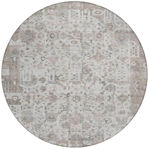 HomeRoots 5' Versatile Taupe and Ivory Patchwork Area Rug - Durable, Washable, Perfect for Indoor/Outdoor Spaces 8' Round 631439