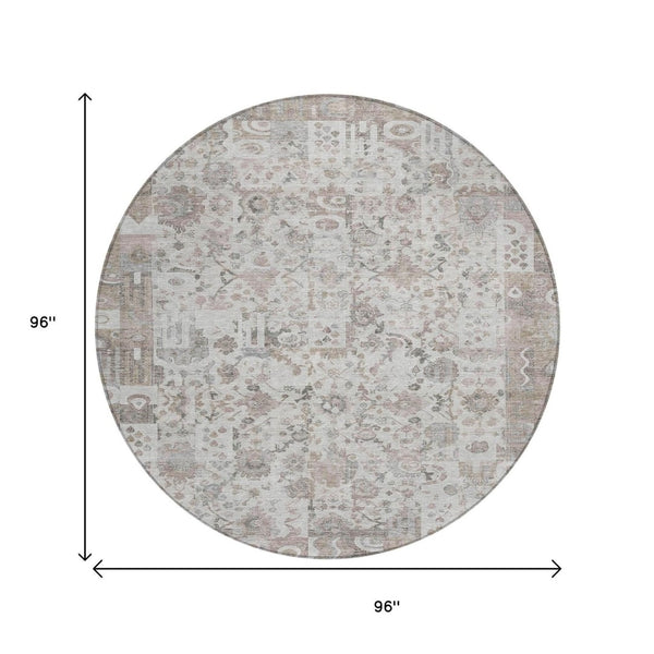 HomeRoots 5' Versatile Taupe and Ivory Patchwork Area Rug - Durable, Washable, Perfect for Indoor/Outdoor Spaces 8' Round 631439