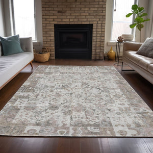 HomeRoots 5' Versatile Taupe and Ivory Patchwork Area Rug - Durable, Washable, Perfect for Indoor/Outdoor Spaces 9' X 12' 631441