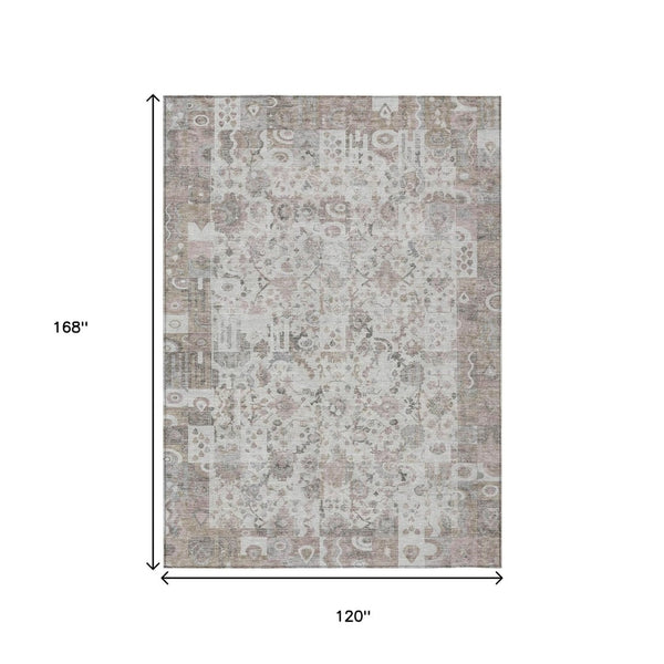 HomeRoots 5' Versatile Taupe and Ivory Patchwork Area Rug - Durable, Washable, Perfect for Indoor/Outdoor Spaces 10' X 14' 631442