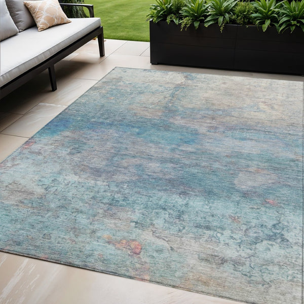 HomeRoots 5' Aqua and Beige Abstract Washable Rug - Durable, Stylish Indoor Outdoor Area Rug for Modern Homes 5' X 8' 631444