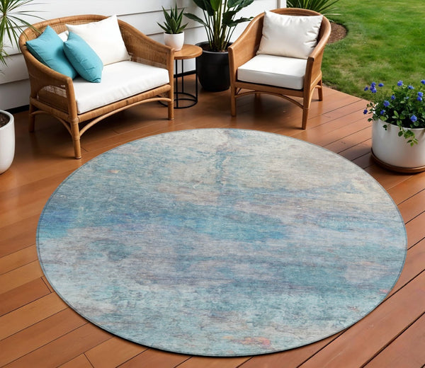 HomeRoots 5' Aqua and Beige Abstract Washable Rug - Durable, Stylish Indoor Outdoor Area Rug for Modern Homes 8' Round 631445