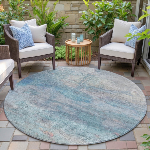 HomeRoots 5' Aqua and Beige Abstract Washable Rug - Durable, Stylish Indoor Outdoor Area Rug for Modern Homes 8' Round 631445