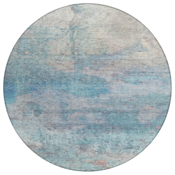 HomeRoots 5' Aqua and Beige Abstract Washable Rug - Durable, Stylish Indoor Outdoor Area Rug for Modern Homes 8' Round 631445