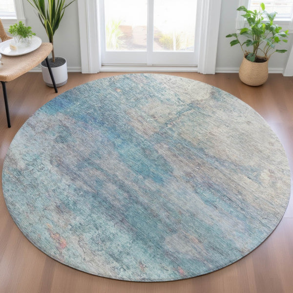 HomeRoots 5' Aqua and Beige Abstract Washable Rug - Durable, Stylish Indoor Outdoor Area Rug for Modern Homes 8' Round 631445