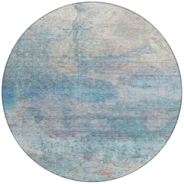 HomeRoots 5' Aqua and Beige Abstract Washable Rug - Durable, Stylish Indoor Outdoor Area Rug for Modern Homes 8' Round 631445