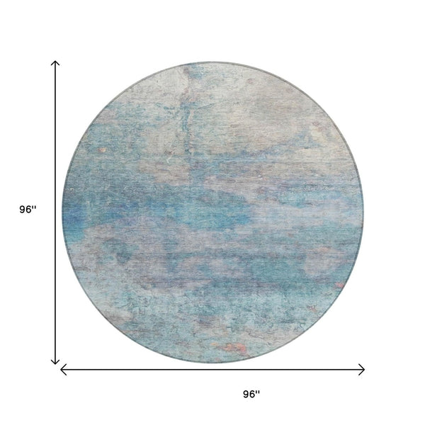 HomeRoots 5' Aqua and Beige Abstract Washable Rug - Durable, Stylish Indoor Outdoor Area Rug for Modern Homes 8' Round 631445