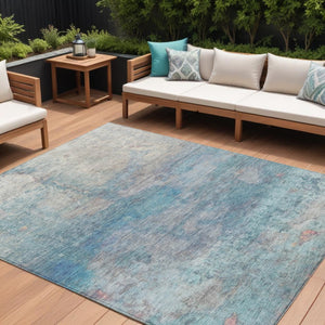 HomeRoots 5' Aqua and Beige Abstract Washable Rug - Durable, Stylish Indoor Outdoor Area Rug for Modern Homes 9' X 12' 631447