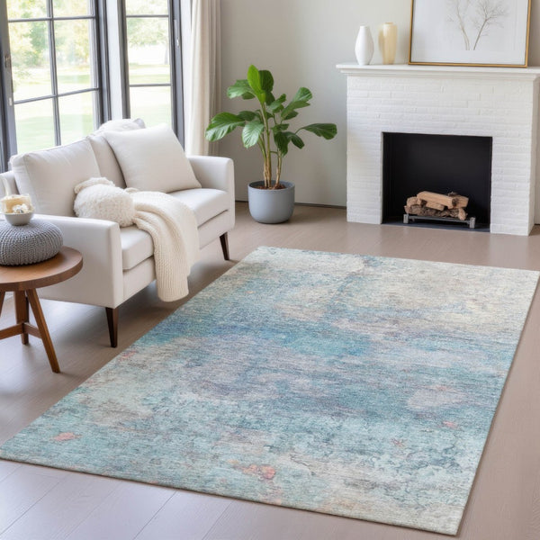 HomeRoots 5' Aqua and Beige Abstract Washable Rug - Durable, Stylish Indoor Outdoor Area Rug for Modern Homes 9' X 12' 631447
