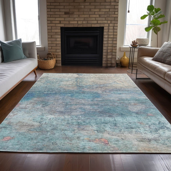 HomeRoots 5' Aqua and Beige Abstract Washable Rug - Durable, Stylish Indoor Outdoor Area Rug for Modern Homes 9' X 12' 631447
