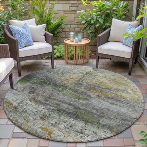 HomeRoots 5' Stylish Olive Green, Gold & Gray Abstract Rug - Washable Indoor/Outdoor Design for Any Space 8' Round 631451
