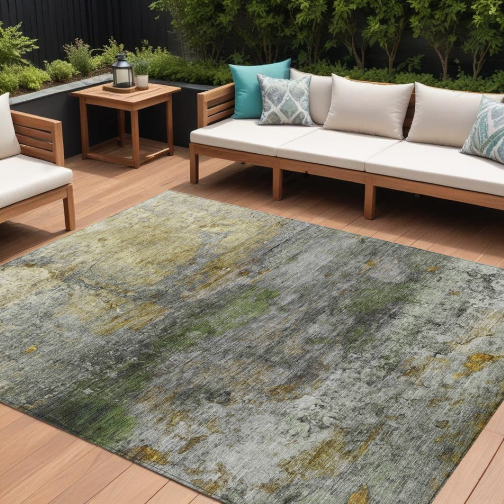 HomeRoots 5' Stylish Olive Green, Gold & Gray Abstract Rug - Washable Indoor/Outdoor Design for Any Space 8' X 10' 631452