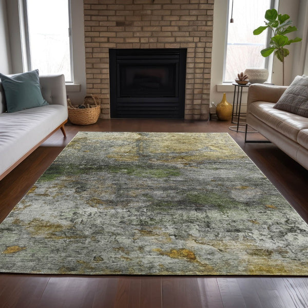 HomeRoots 5' Stylish Olive Green, Gold & Gray Abstract Rug - Washable Indoor/Outdoor Design for Any Space 9' X 12' 631453