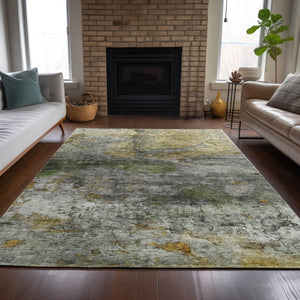 HomeRoots 5' Stylish Olive Green, Gold & Gray Abstract Rug - Washable Indoor/Outdoor Design for Any Space 10' X 14' 631454