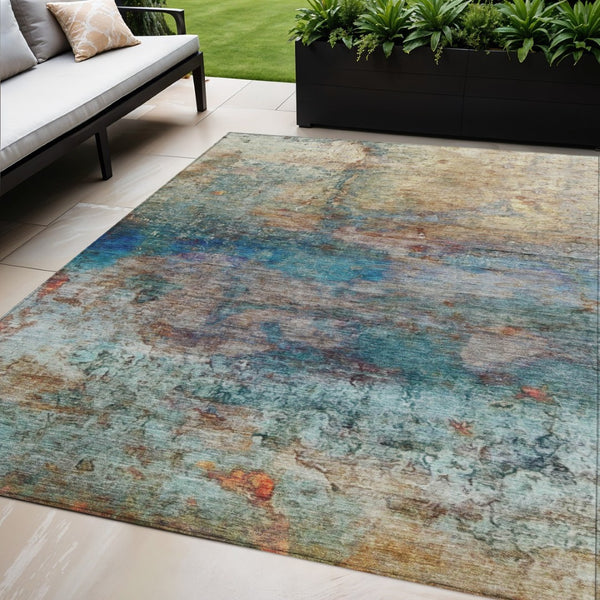 HomeRoots 5' Abstract Area Rug in Teal, Blue, Orange & Beige - Durable, Washable for Indoor/Outdoor Use 5' X 8' 631456