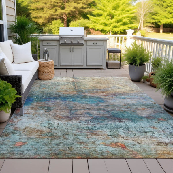 HomeRoots 5' Abstract Area Rug in Teal, Blue, Orange & Beige - Durable, Washable for Indoor/Outdoor Use 5' X 8' 631456