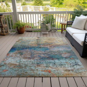HomeRoots 5' Abstract Area Rug in Teal, Blue, Orange & Beige - Durable, Washable for Indoor/Outdoor Use 5' X 8' 631456