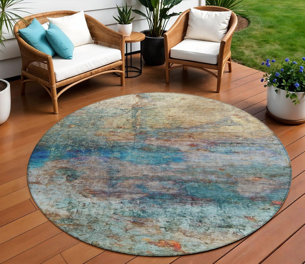 HomeRoots 5' Abstract Area Rug in Teal, Blue, Orange & Beige - Durable, Washable for Indoor/Outdoor Use 8' Round 631457