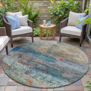HomeRoots 5' Abstract Area Rug in Teal, Blue, Orange & Beige - Durable, Washable for Indoor/Outdoor Use 8' Round 631457