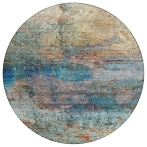 HomeRoots 5' Abstract Area Rug in Teal, Blue, Orange & Beige - Durable, Washable for Indoor/Outdoor Use 8' Round 631457