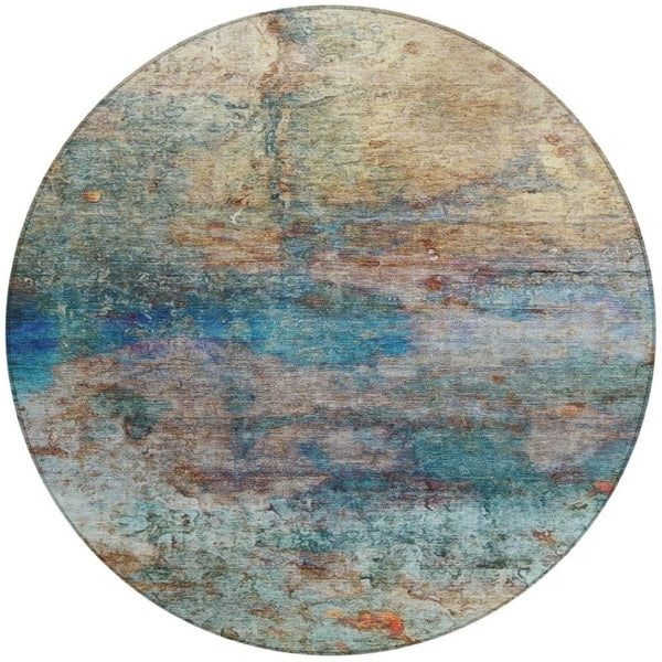 HomeRoots 5' Abstract Area Rug in Teal, Blue, Orange & Beige - Durable, Washable for Indoor/Outdoor Use 8' Round 631457