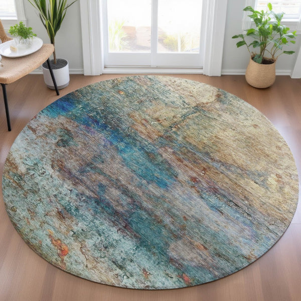 HomeRoots 5' Abstract Area Rug in Teal, Blue, Orange & Beige - Durable, Washable for Indoor/Outdoor Use 8' Round 631457