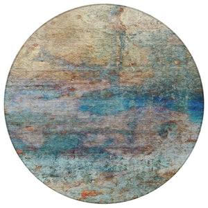 HomeRoots 5' Abstract Area Rug in Teal, Blue, Orange & Beige - Durable, Washable for Indoor/Outdoor Use 8' Round 631457