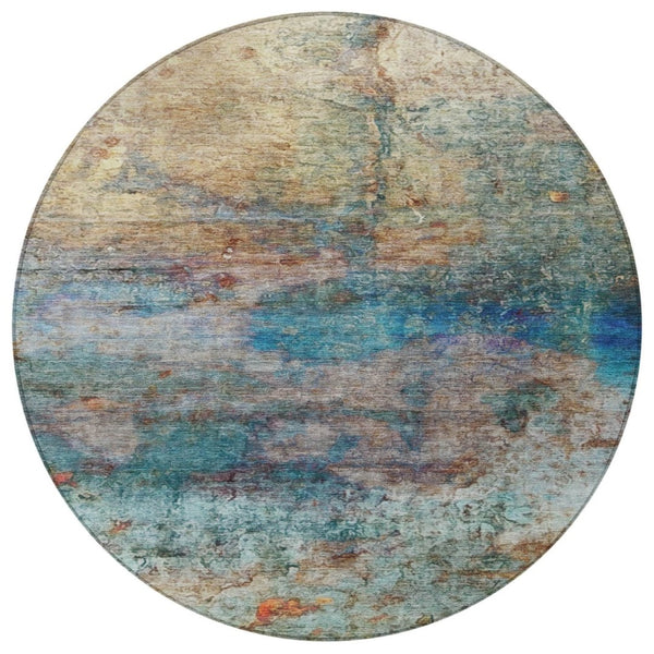 HomeRoots 5' Abstract Area Rug in Teal, Blue, Orange & Beige - Durable, Washable for Indoor/Outdoor Use 8' Round 631457