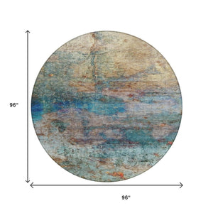 HomeRoots 5' Abstract Area Rug in Teal, Blue, Orange & Beige - Durable, Washable for Indoor/Outdoor Use 8' Round 631457