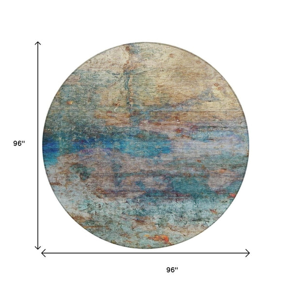 HomeRoots 5' Abstract Area Rug in Teal, Blue, Orange & Beige - Durable, Washable for Indoor/Outdoor Use 8' Round 631457