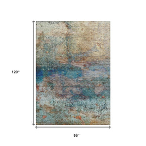 HomeRoots 5' Abstract Area Rug in Teal, Blue, Orange & Beige - Durable, Washable for Indoor/Outdoor Use 8' X 10' 631458