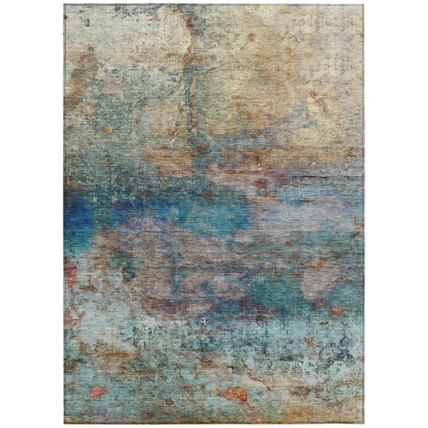 HomeRoots 5' Abstract Area Rug in Teal, Blue, Orange & Beige - Durable, Washable for Indoor/Outdoor Use 8' X 10' 631458
