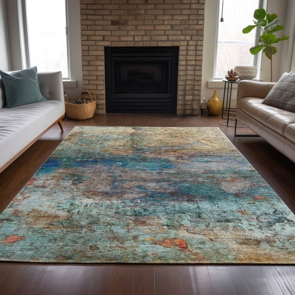 HomeRoots 5' Abstract Area Rug in Teal, Blue, Orange & Beige - Durable, Washable for Indoor/Outdoor Use 8' X 10' 631458