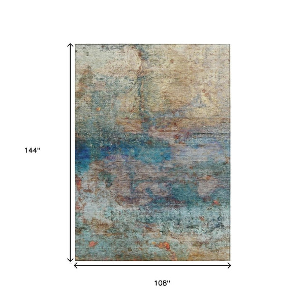 HomeRoots 5' Abstract Area Rug in Teal, Blue, Orange & Beige - Durable, Washable for Indoor/Outdoor Use 9' X 12' 631459