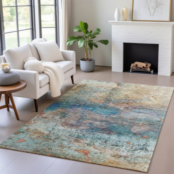HomeRoots 5' Abstract Area Rug in Teal, Blue, Orange & Beige - Durable, Washable for Indoor/Outdoor Use 9' X 12' 631459