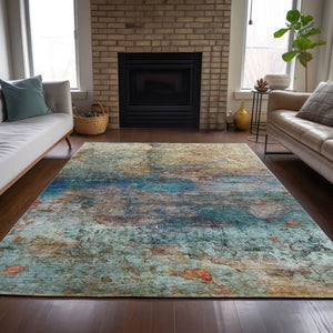 HomeRoots 5' Abstract Area Rug in Teal, Blue, Orange & Beige - Durable, Washable for Indoor/Outdoor Use 9' X 12' 631459