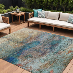 HomeRoots 5' Abstract Area Rug in Teal, Blue, Orange & Beige - Durable, Washable for Indoor/Outdoor Use 10' X 14' 631460